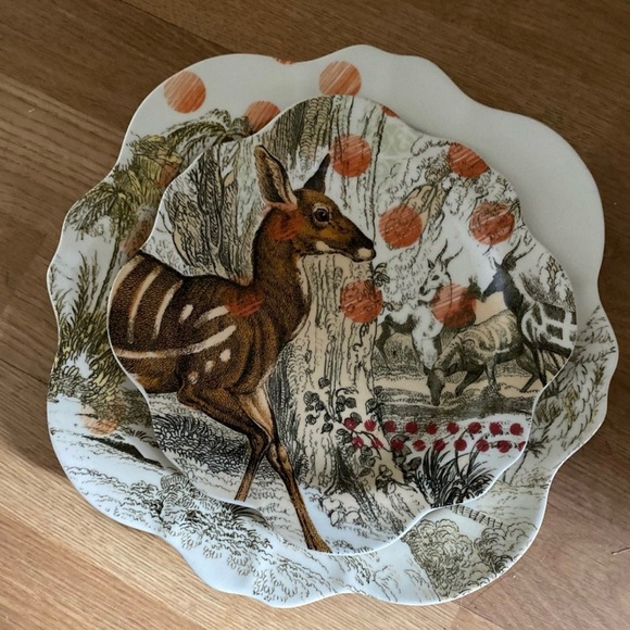 anthropologie plate set deer gazelle dessert dinner Lot Scalloped Edge Vintage - Picture 2 of 5